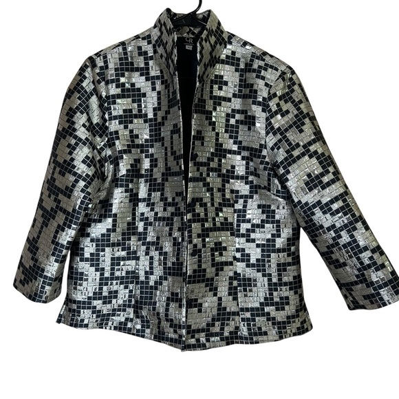 CONNIE ROBERSON Silk Silver Metallic Topper Jacket Blazer Open Jacquard Sz Large - Picture 1 of 9